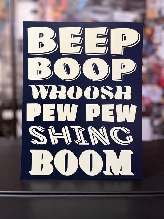 SFX Sounds audio engineer inspired print with the words beep boop, whoosh pew pew, shing, boom printed in cream on navy