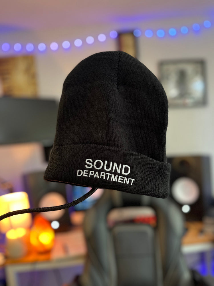 Audio engineer inspired beanie with the words 'Sound Department" embroidered onto the front fold.