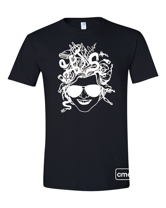 Black t-shirt featuring Medusa with audio cables and connectors for hair printed in white. 
