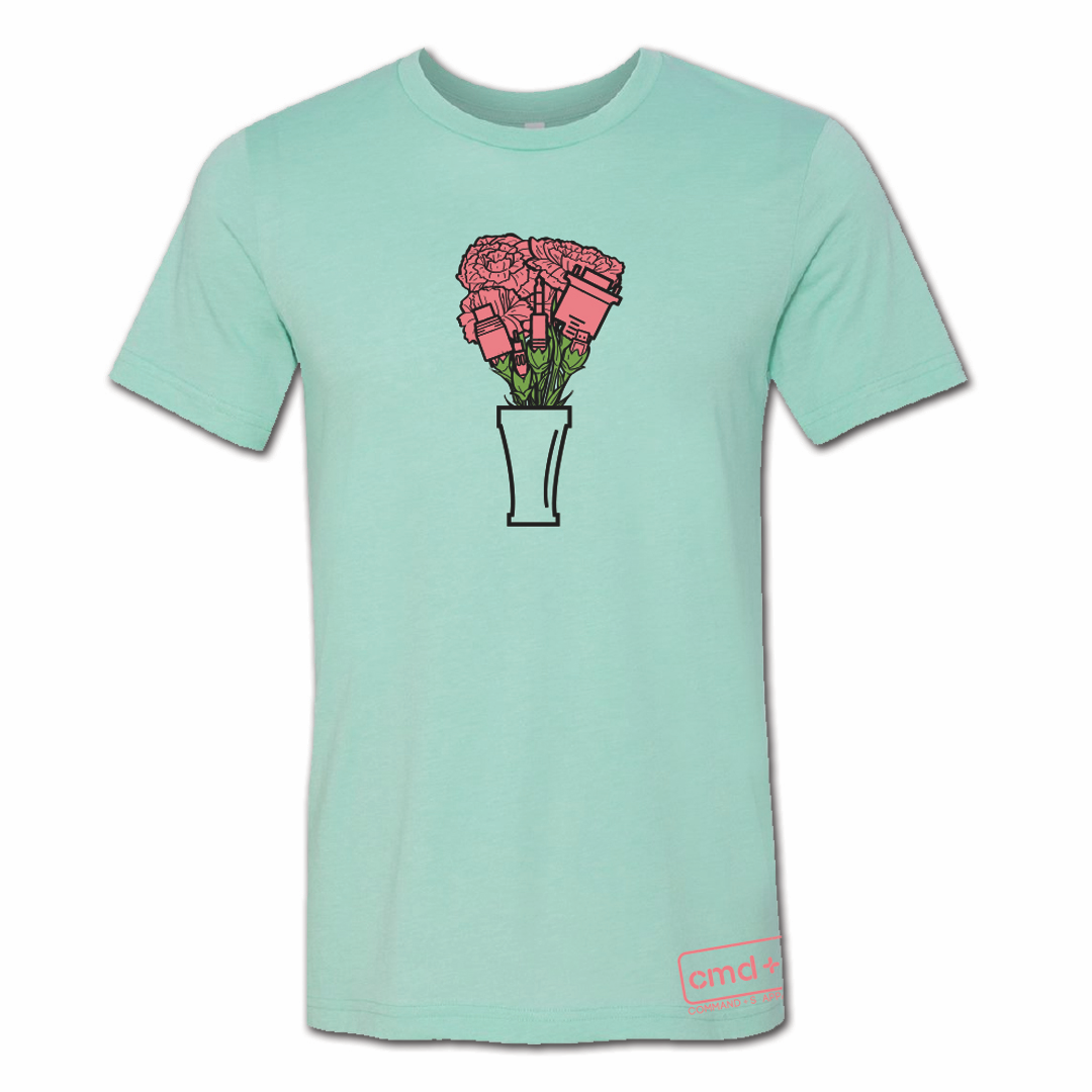 Seafoam tee with audio cables in flower bouquet