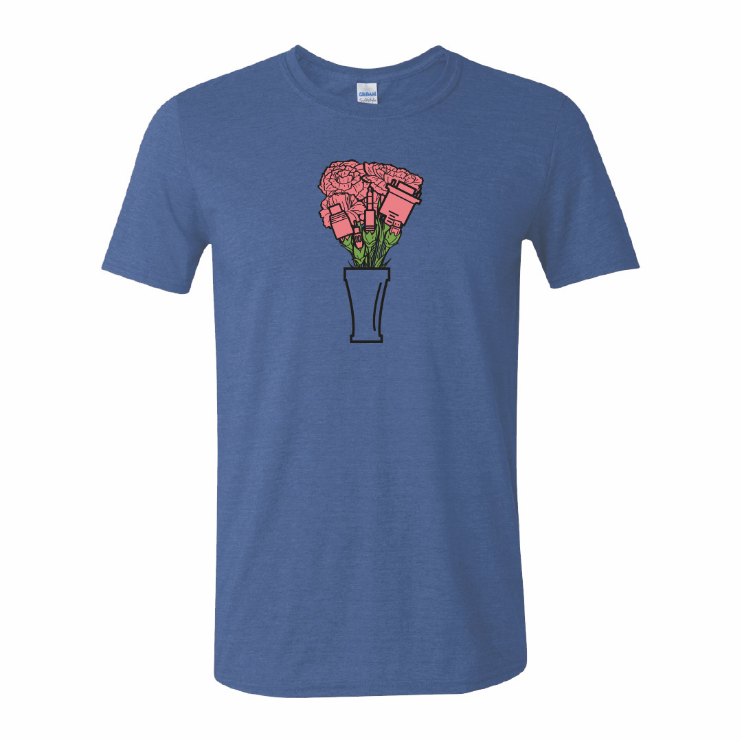 Royal Blue tee with audio cables in flower bouquet