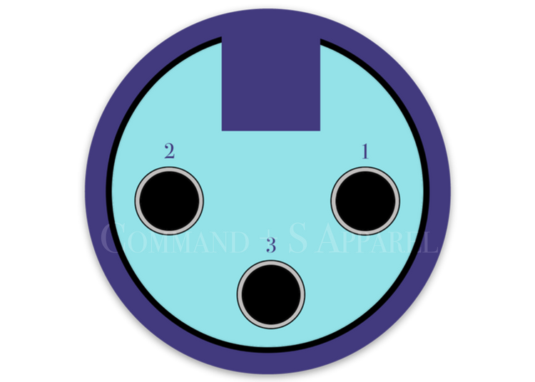 Audio Engineer inspired XLR faceplate sticker in purple and light blue. The pinout is labeled. 
